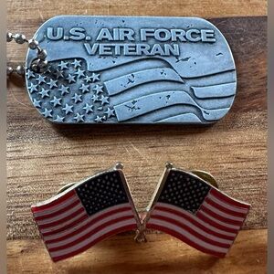 U.S. Air Force Veteran Dog Tag and Flag Pin Set